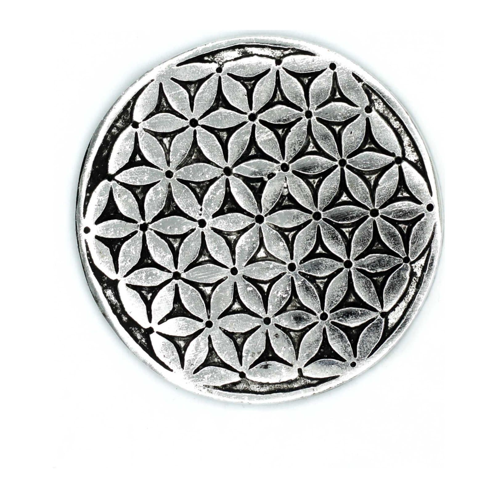 Polished aluminium Flower of Life incense holder with the Flower of Life design