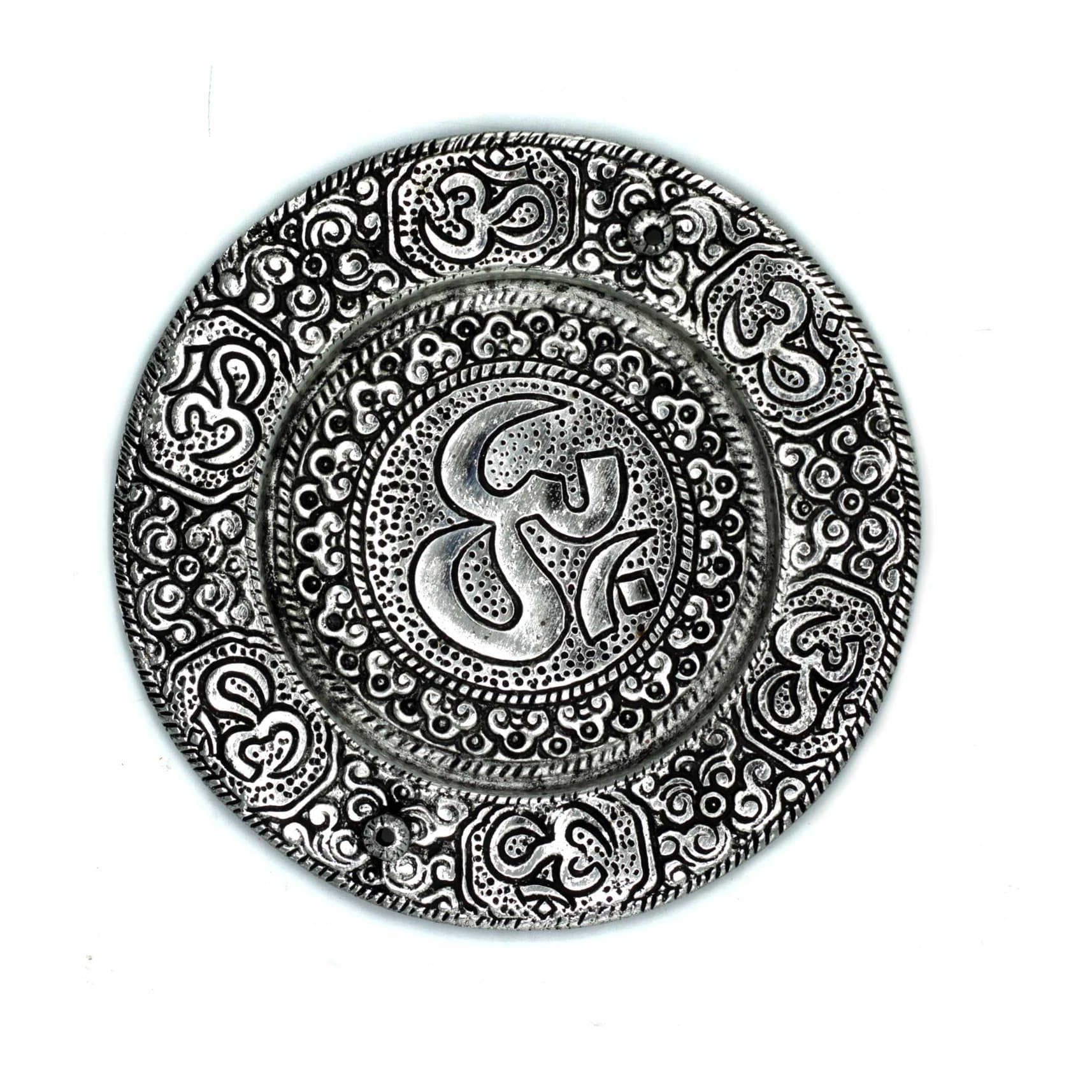 Polished aluminium round incense holder with an Om symbol