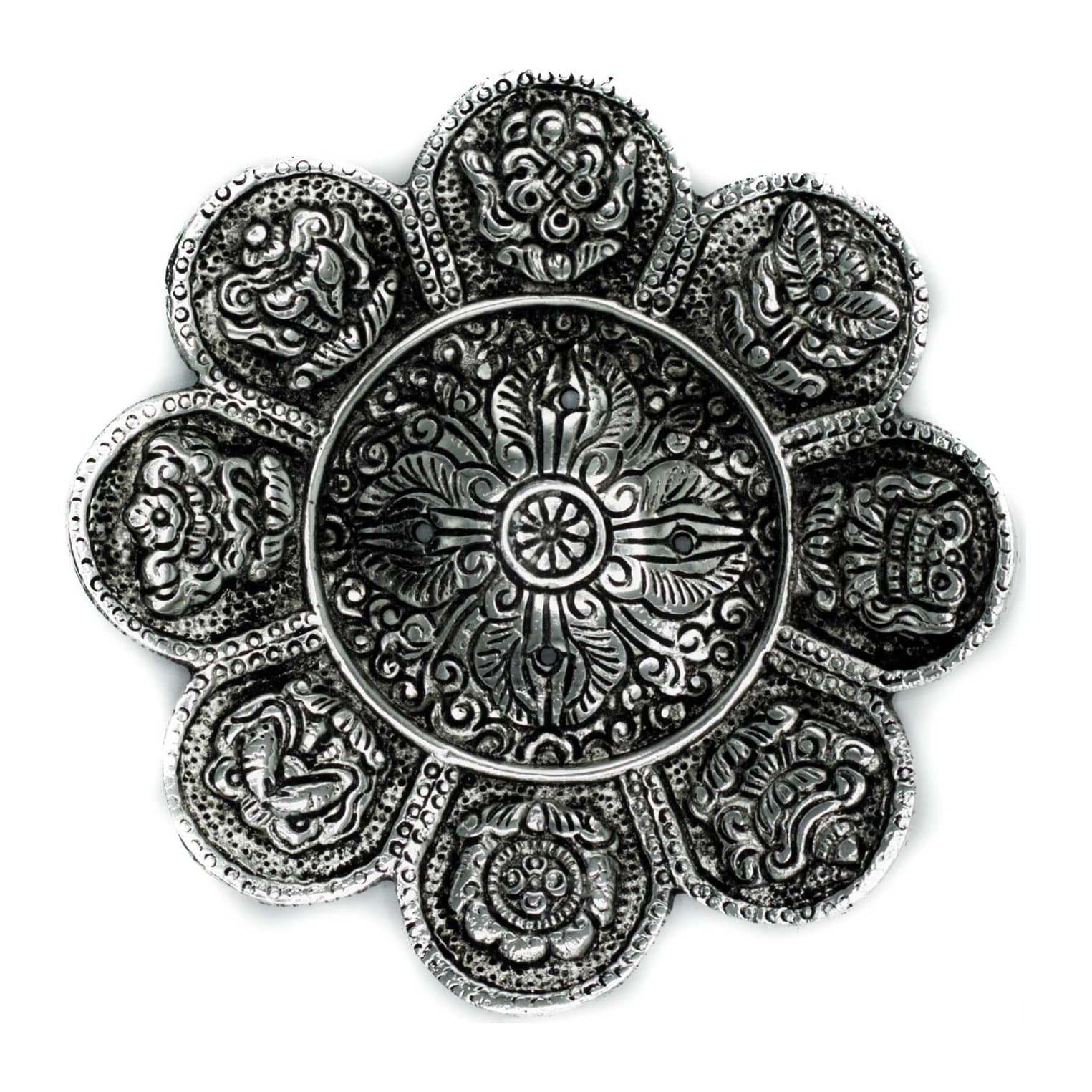 Polished aluminium incense holder with Tibetan symbols, 12 cm tall