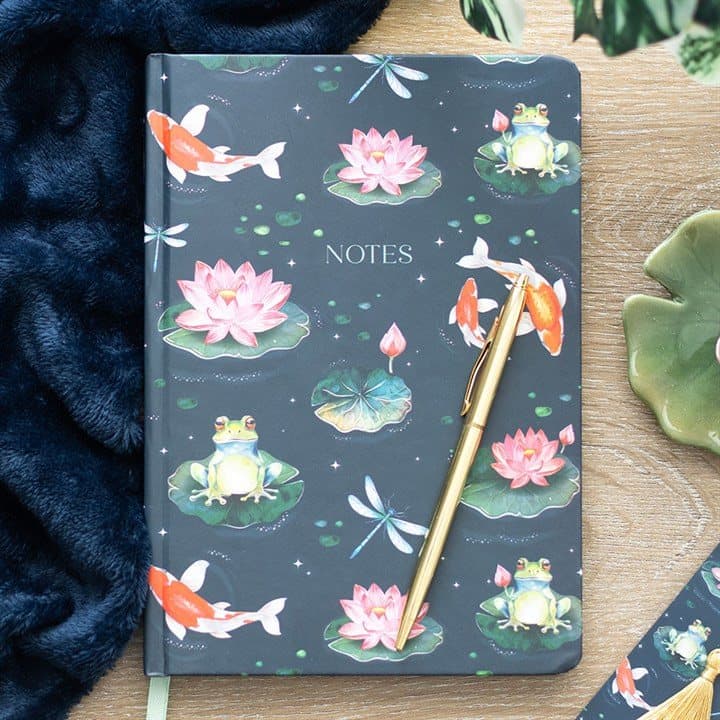 Pond print A5 notebook with frogs, lily pads, dragonflies and koi fish