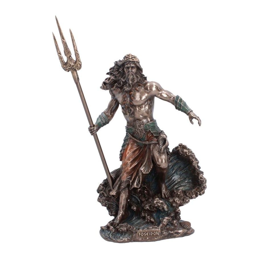 Poseidon figurine holding his trident on a base of crashing sea waves