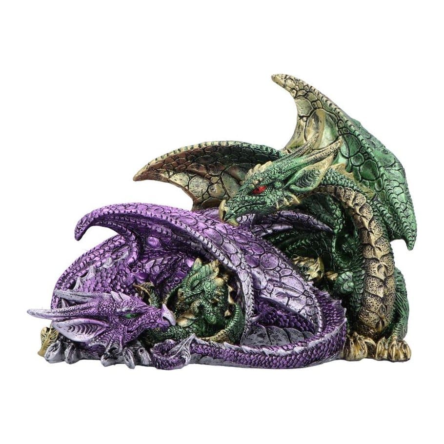 Green father dragon and purple mother dragon cradling her baby, resin figurine