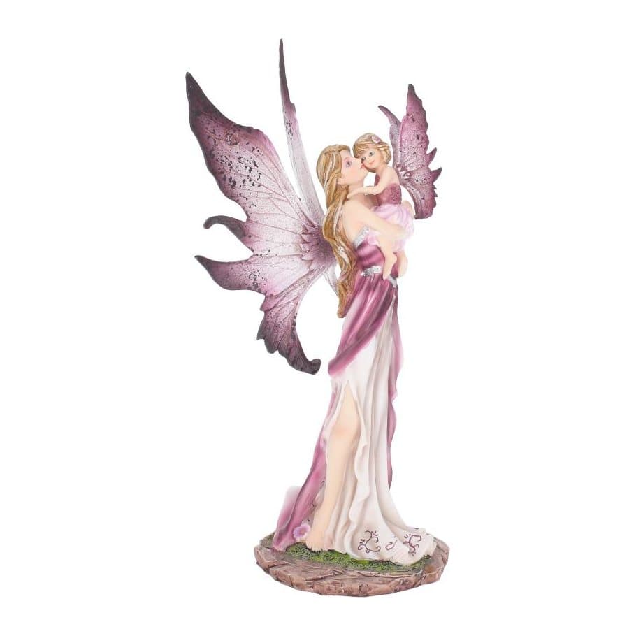 Fairy mother in a fuchsia dress cradling her baby, with purple ombre wings