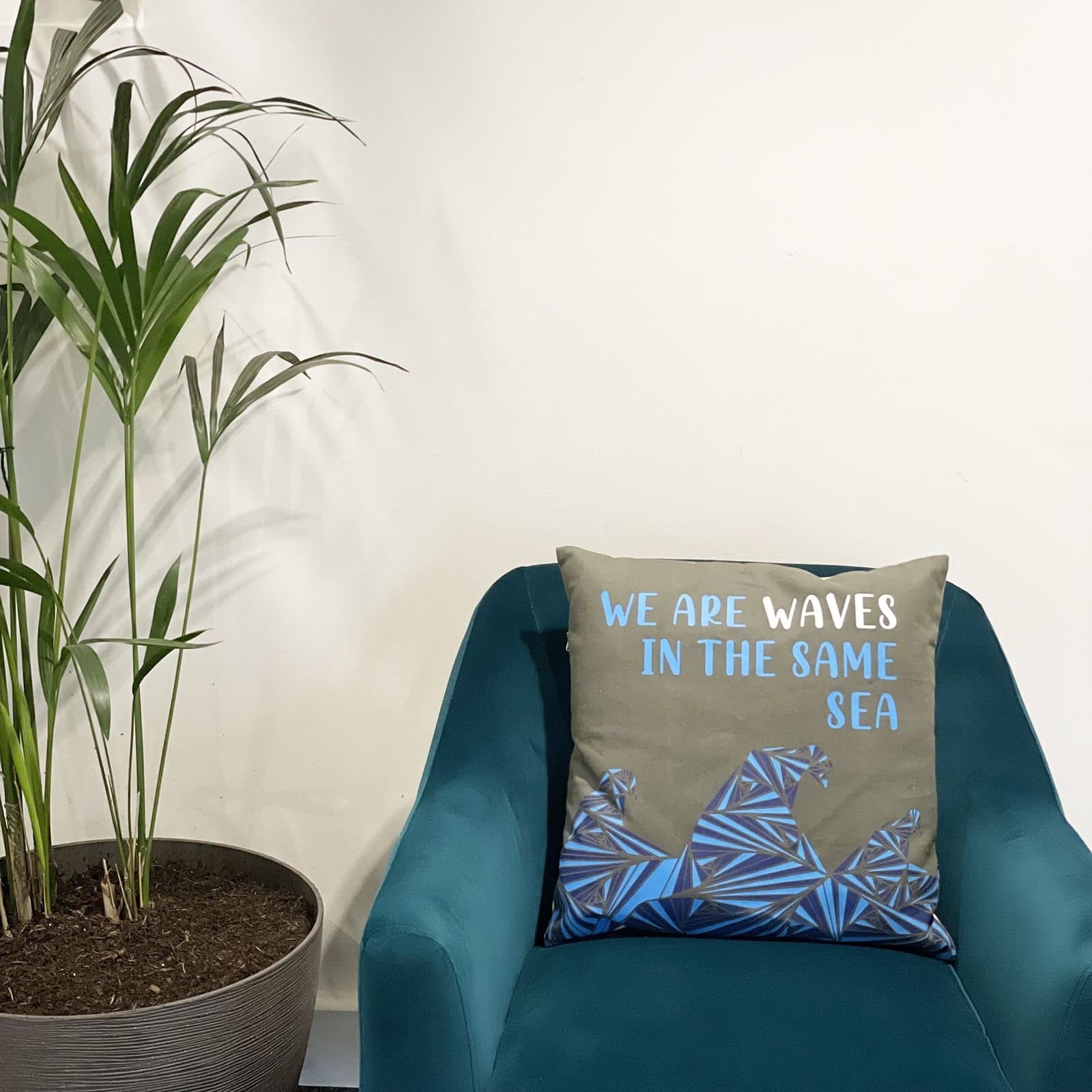 We Are Waves printed cotton cushion cover in grey, blue and natural