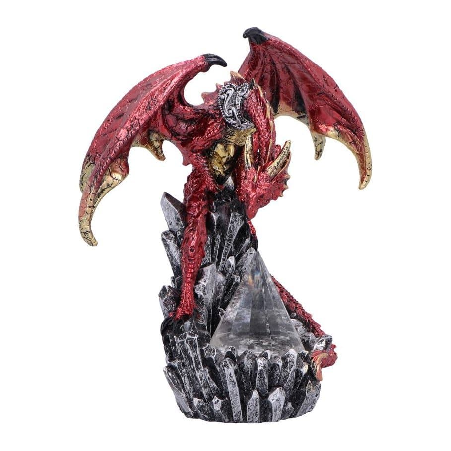 Crimson and gold resin dragon figurine with a faceted LED-lit prism centrepiece