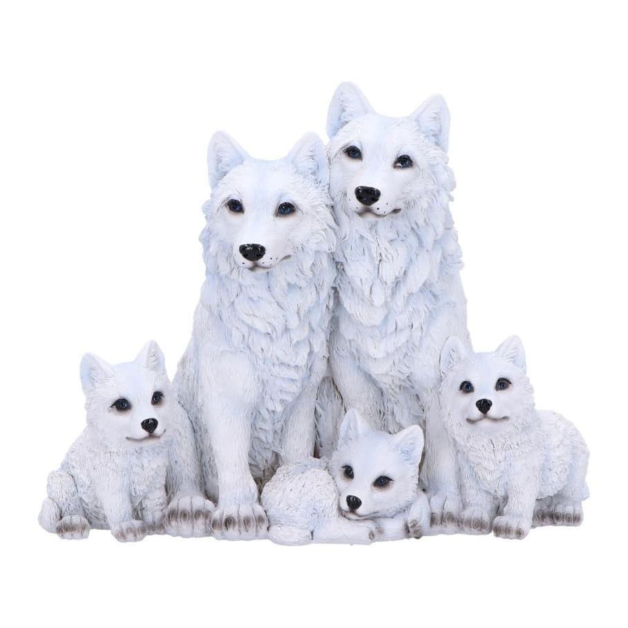 White resin wolf family figurine with three pups and blue eyes