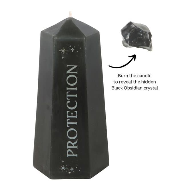 Black crystal tower candle with a rough obsidian stone hidden at the bottom