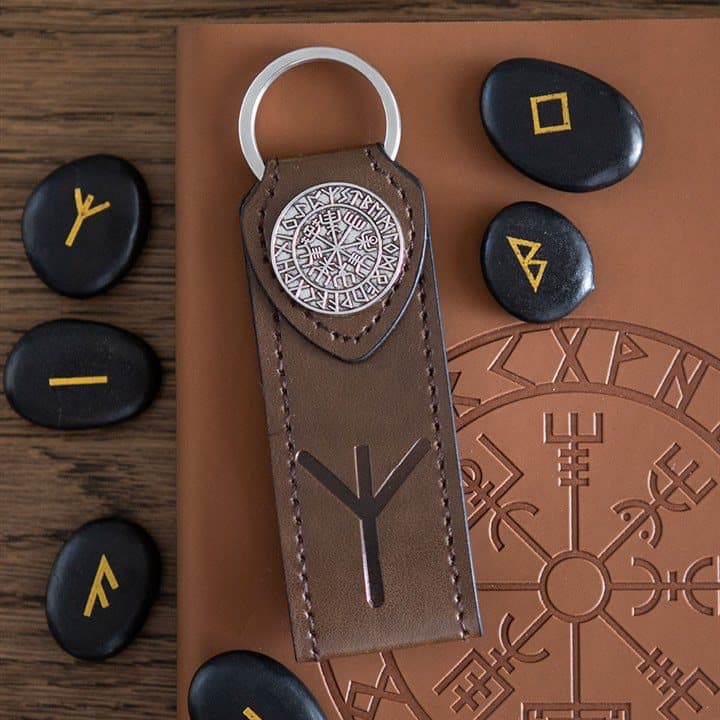 Viking rune keyring with Algiz rune and metal compass on a faux leather tab