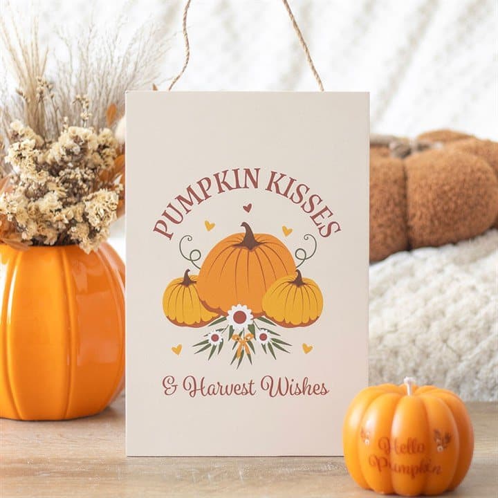 MDF hanging sign with a cosy pumpkin design and Harvest Wishes text