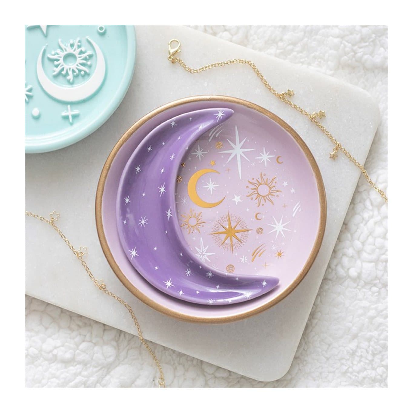 Purple trinket dish with gold moons and a moon-shaped inner dish