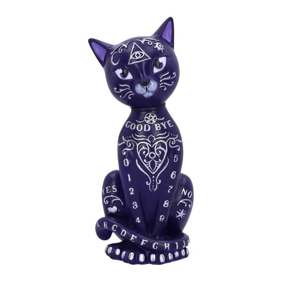 Purple resin cat figurine sitting up, covered in silver letters and numbers