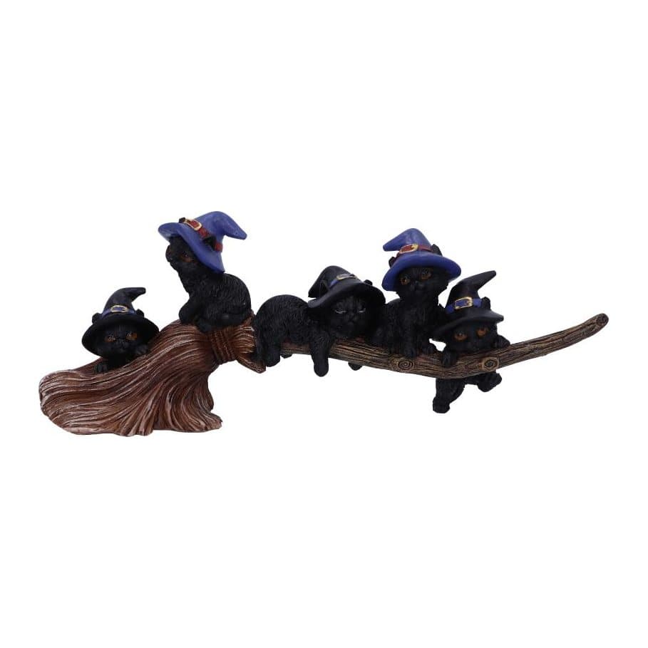 Hand-painted resin black cats with witches hats on a broomstick
