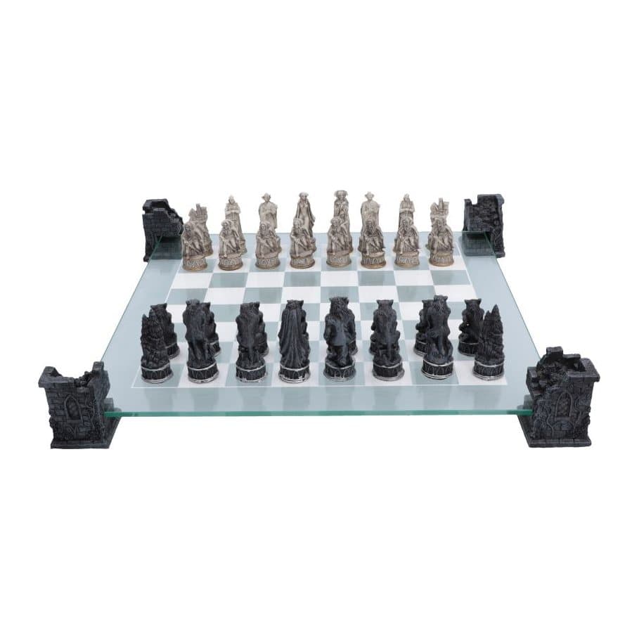 Gothic chess set with glass board on four towers, vampire and werewolf pieces