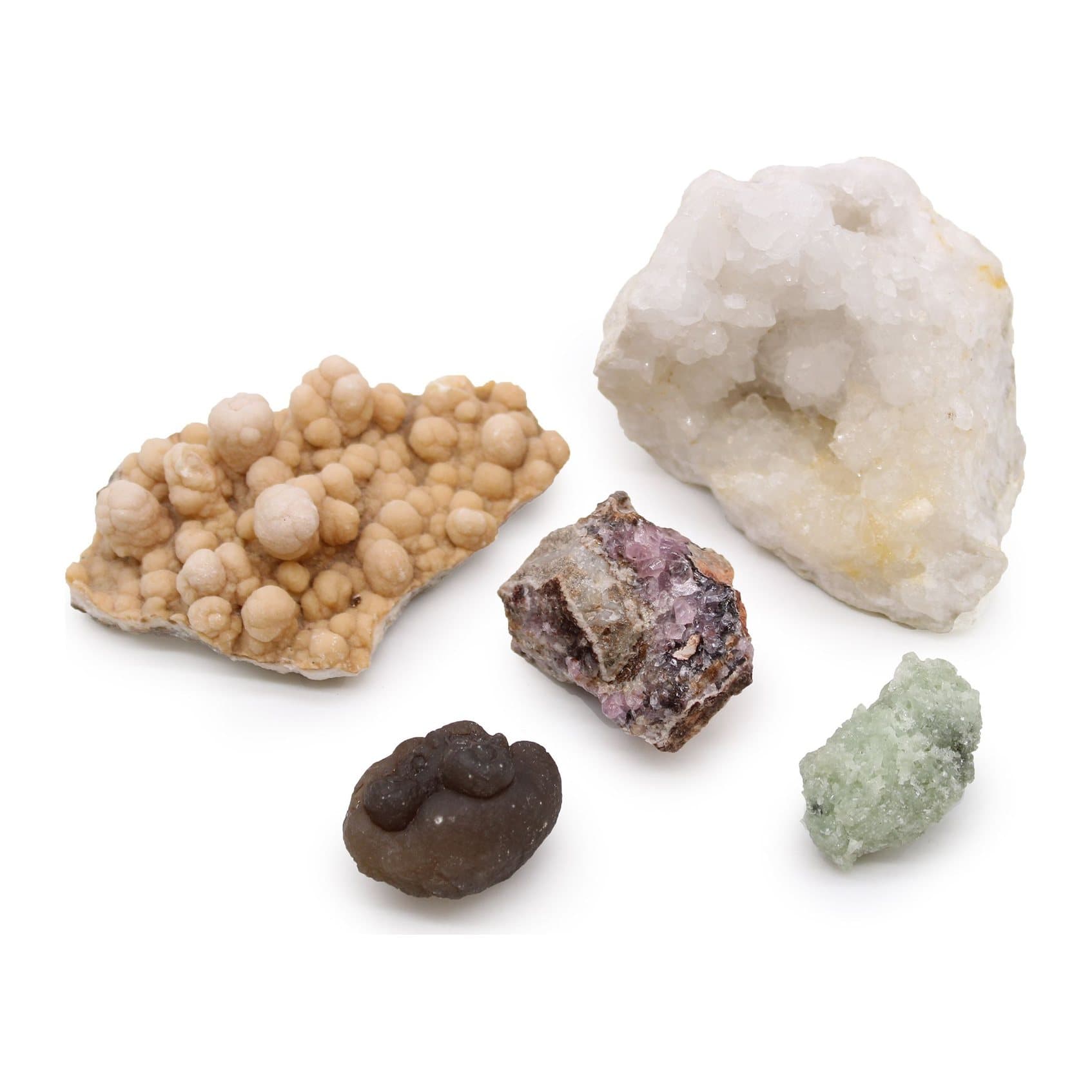 Pack of five natural mineral specimens in mixed colours