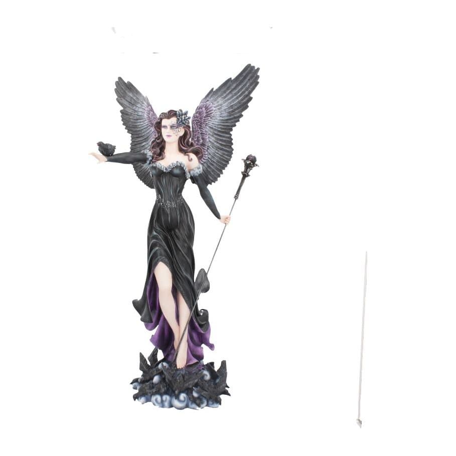 Raven Fairy Queen Maeven figurine with black wings and a raven on her wrist