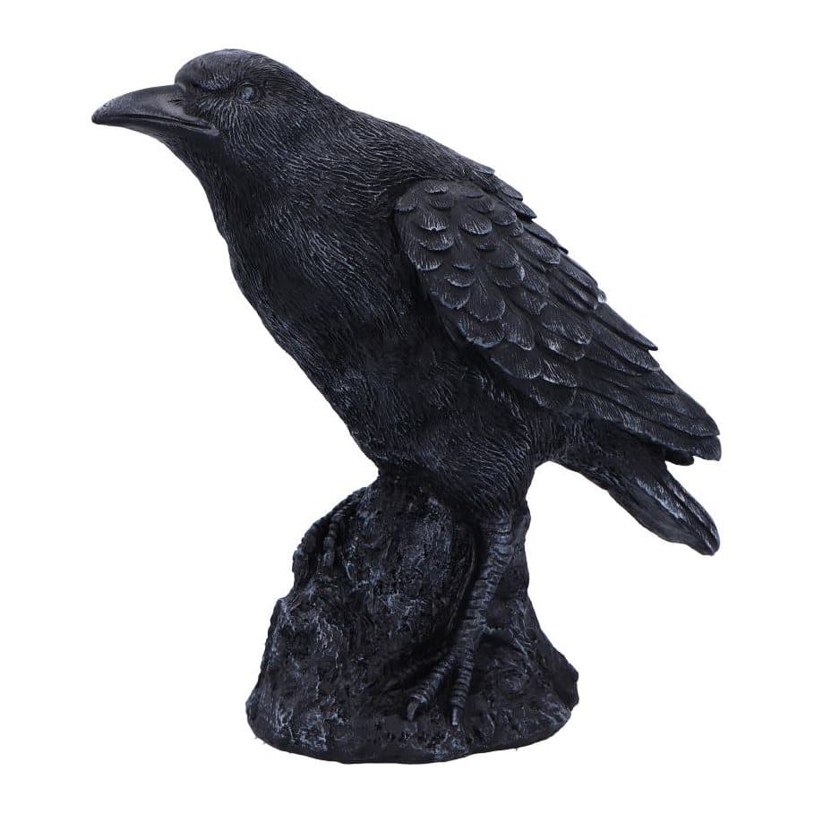 Black resin raven perched on a rugged black rock