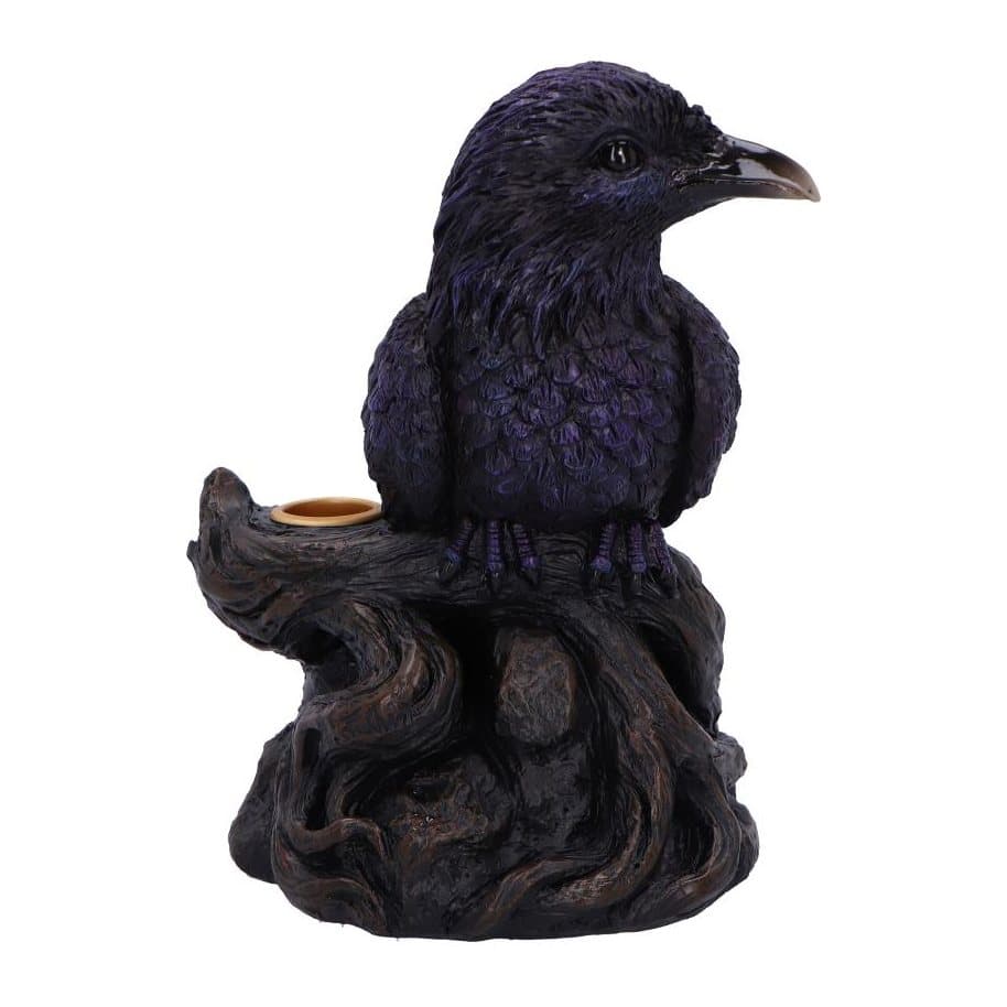 Purple and black resin raven perched on a branch-like base, a backflow incense burner