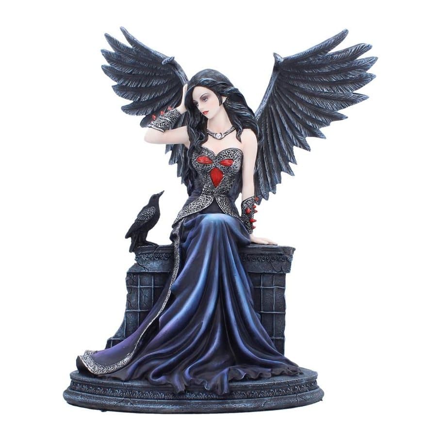Gothic fairy figurine with black hair and dark wings, seated beside a raven