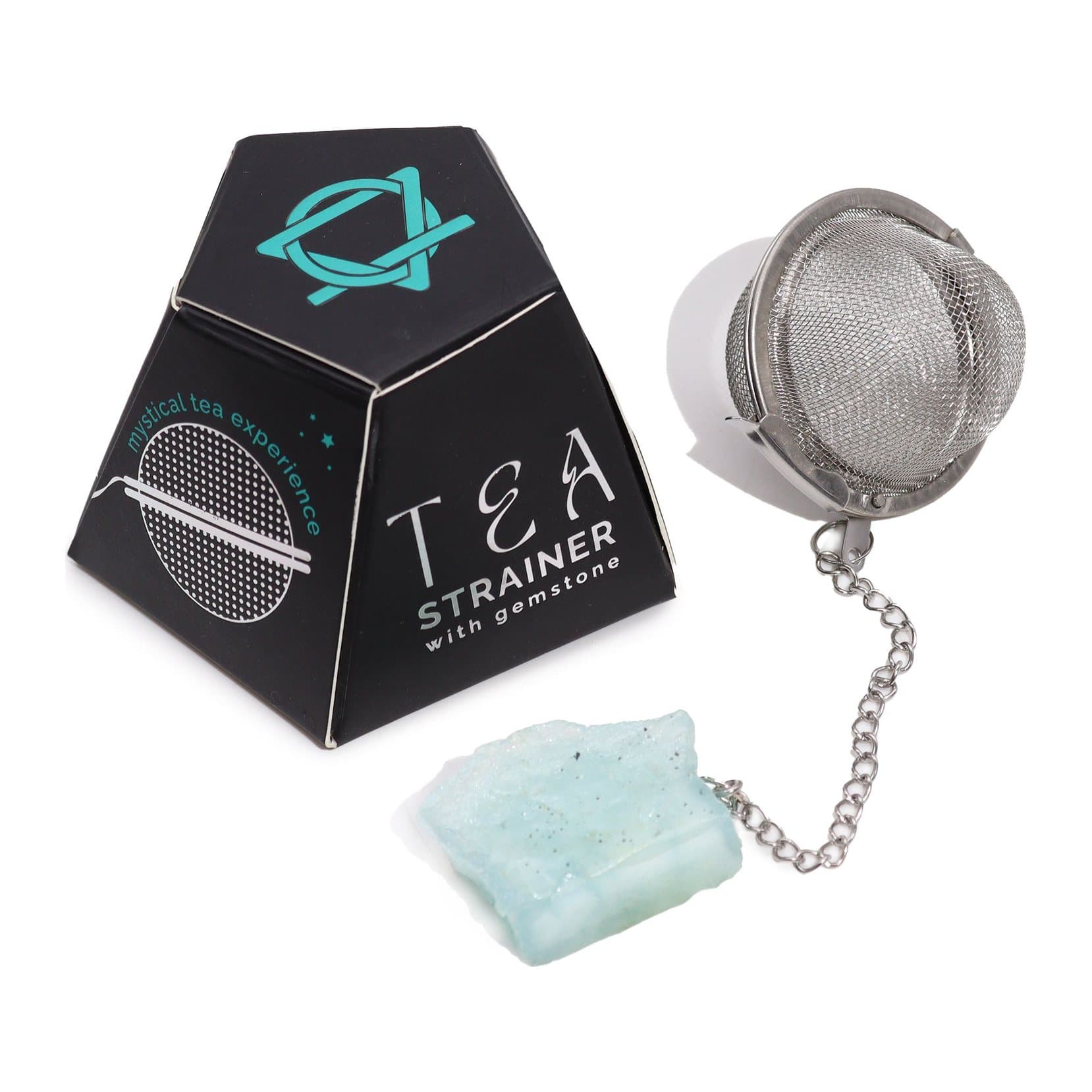 Raw aquamarine gemstone tea strainer with a fine stainless steel mesh