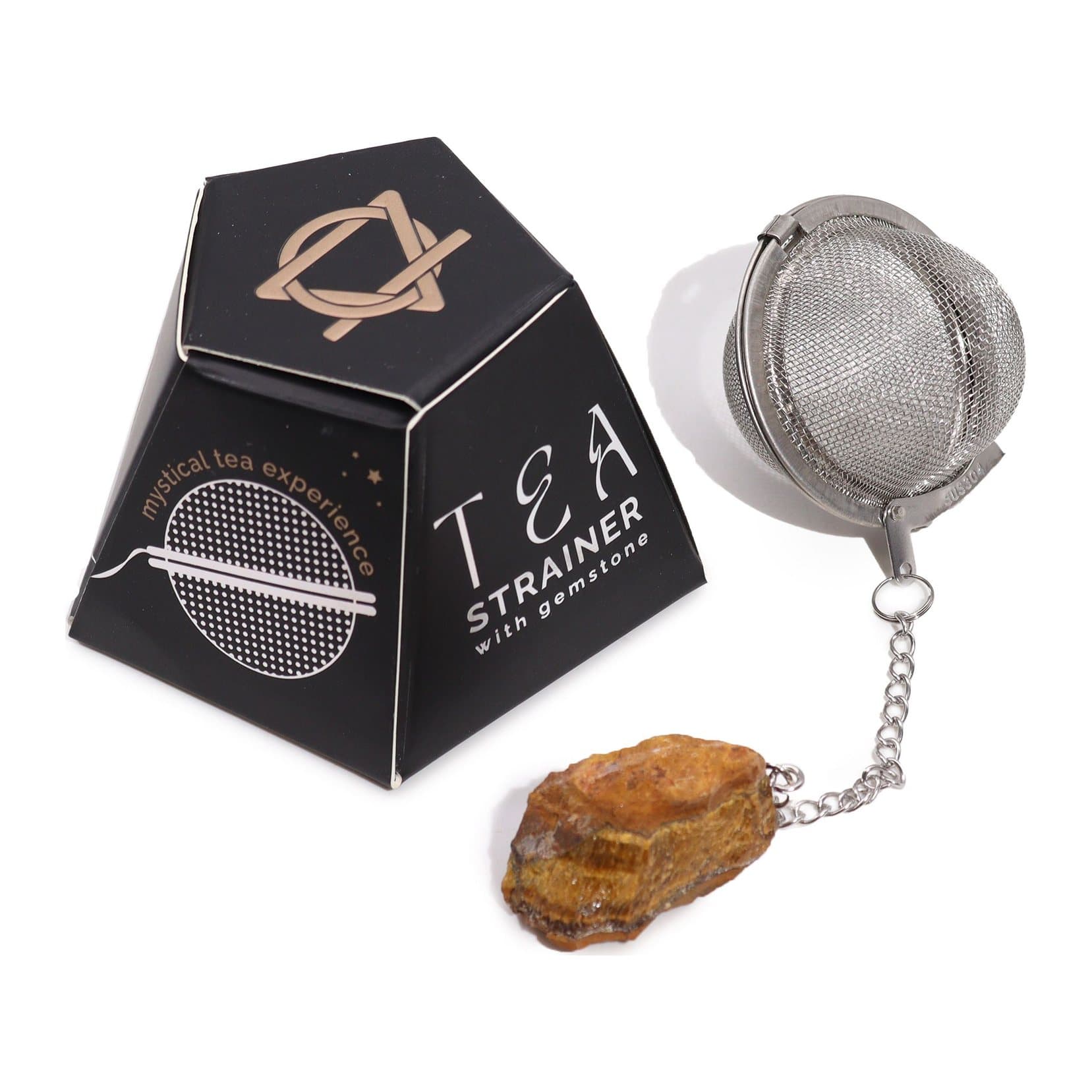 Gold tiger's eye gemstone tea strainer with a stainless steel mesh