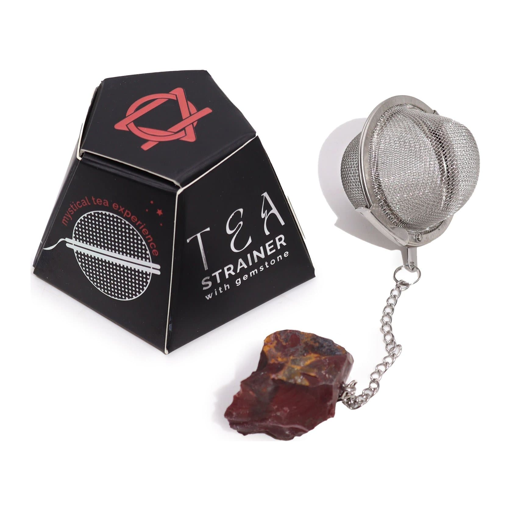 Raw mookaite gemstone tea strainer with fine stainless steel mesh