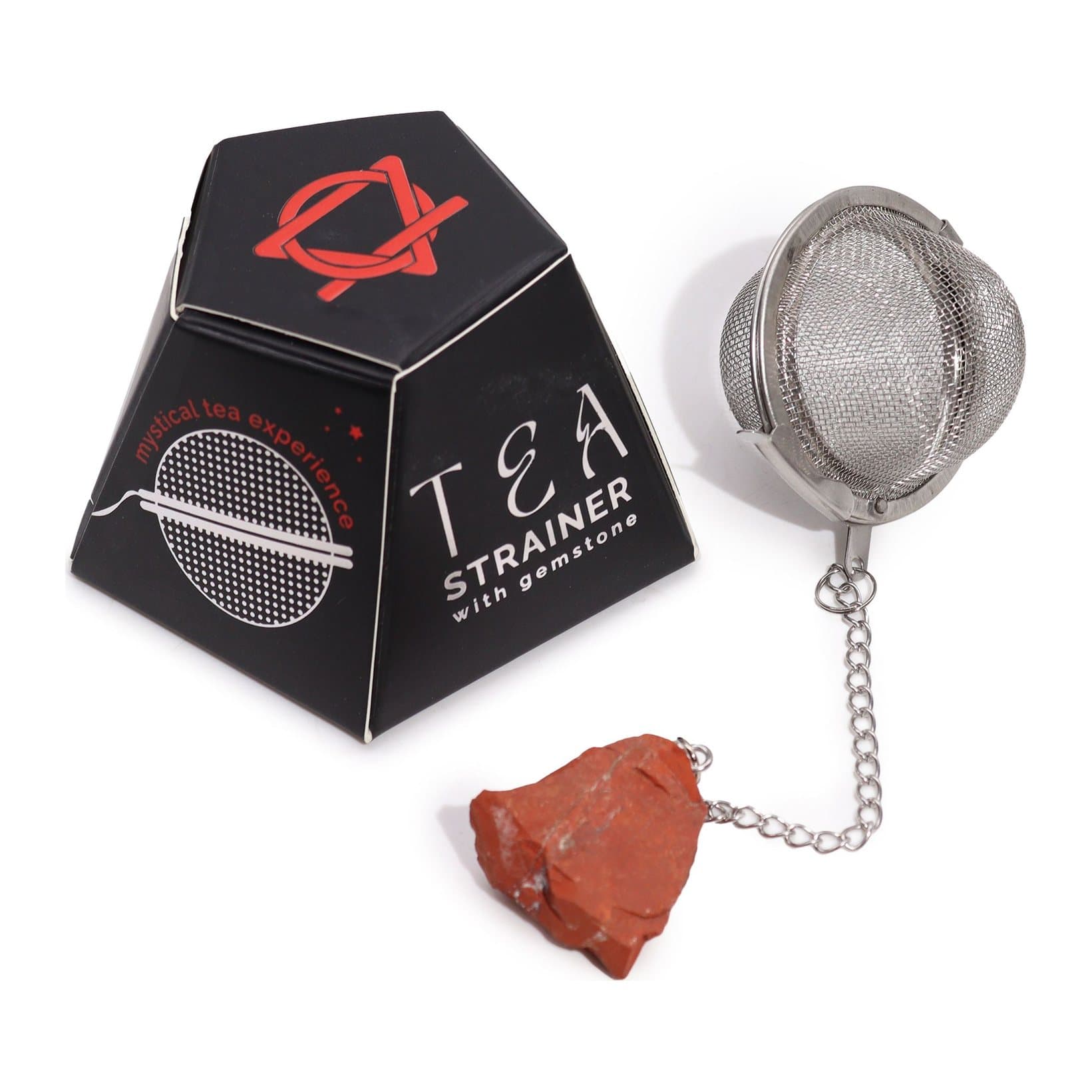 Red jasper gemstone tea strainer in stainless steel