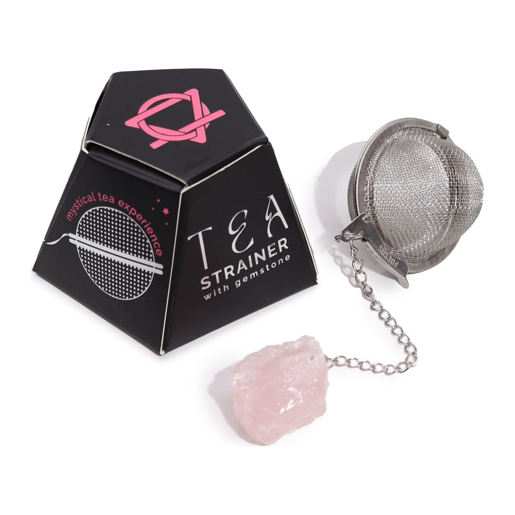 Tea strainer with a raw pink rose quartz gemstone and stainless-steel mesh
