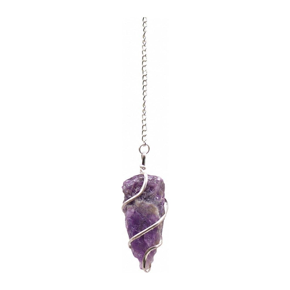 Raw purple amethyst pendulum wrapped in a silver-tone spiral on a fine chain