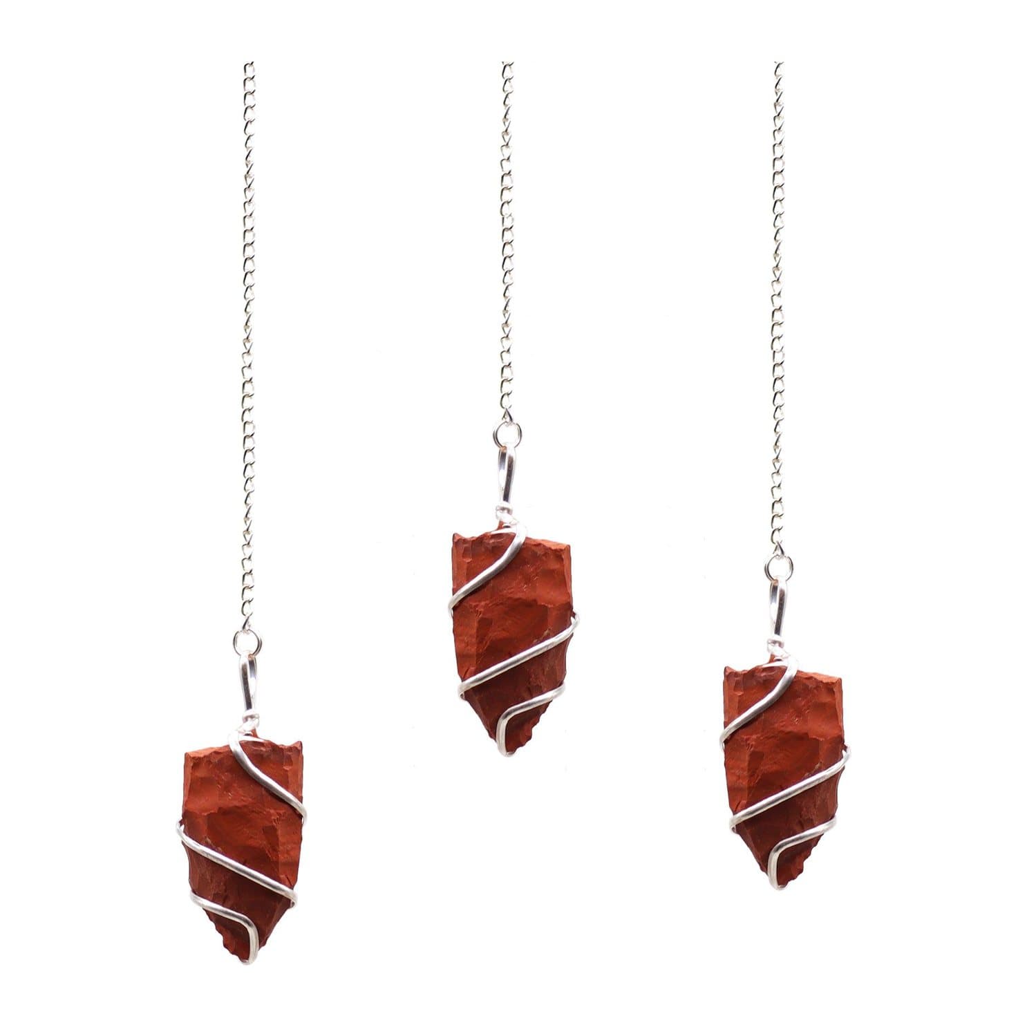 Raw red jasper pendulum wrapped in a silver-tone spiral on a fine chain
