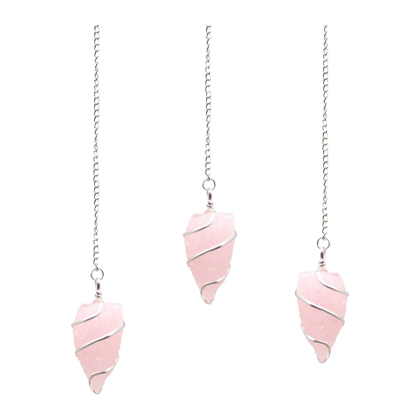Raw pink rose quartz pendulum wrapped in a silver-tone spiral on a fine chain