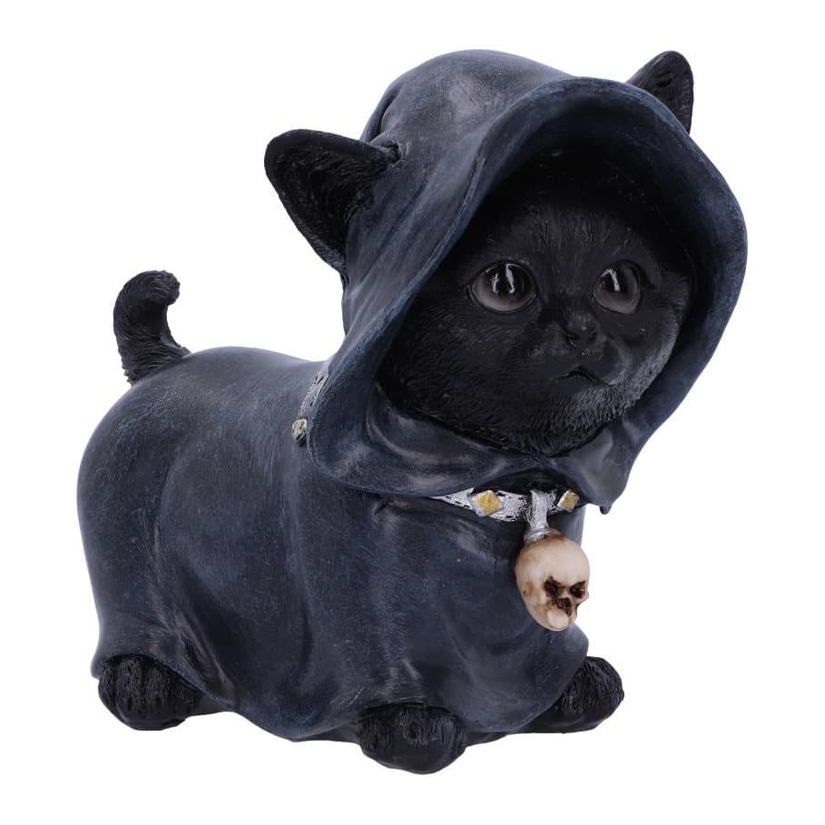 Black resin kitten figurine with a silver skull collar and a shroud