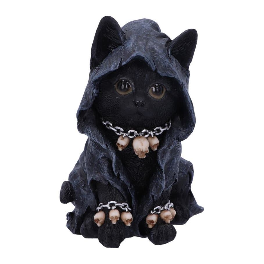 Black resin kitten in a shroud with olive eyes, chain collar and skull charms