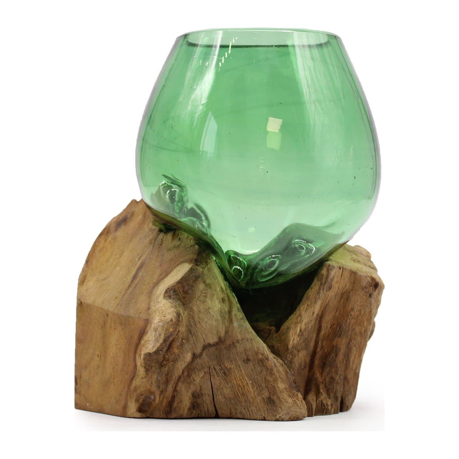 Small recycled beer bottle glass bowl set on wood