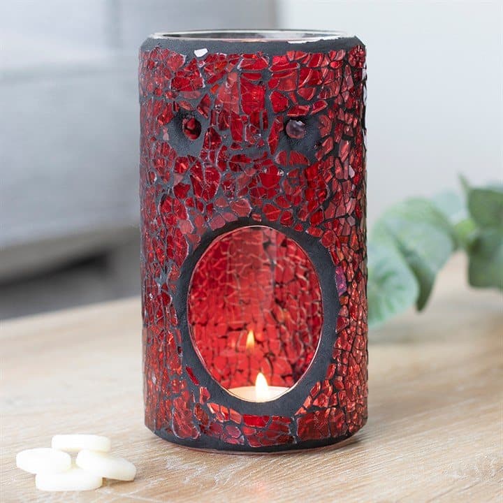 Red pillar shaped crackle glass oil burner and wax warmer