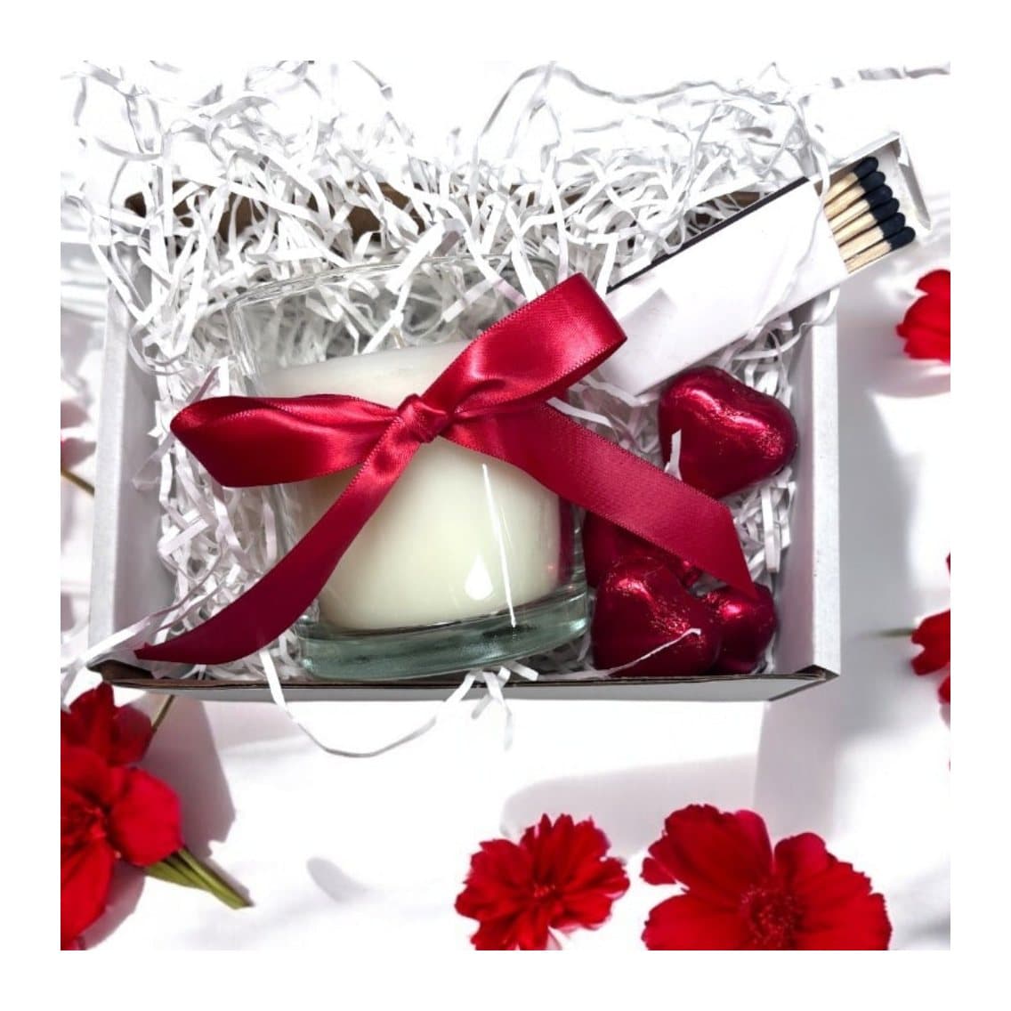 Personalised red ribbon candle gift set with chocolate hearts and matches