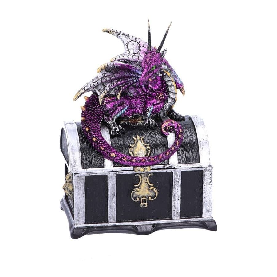 Metallic purple dragon sitting on an ornate black treasure chest storage box