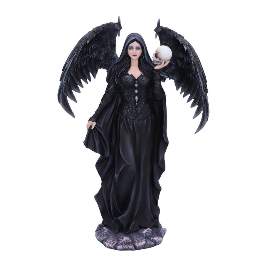 Dark teal and black gothic angel figurine with wings and a skull motif