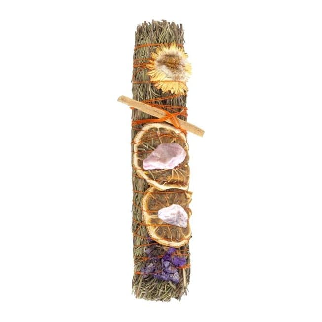 Hand tied ritual wand sage stick with herbs, flowers and a raw crystal