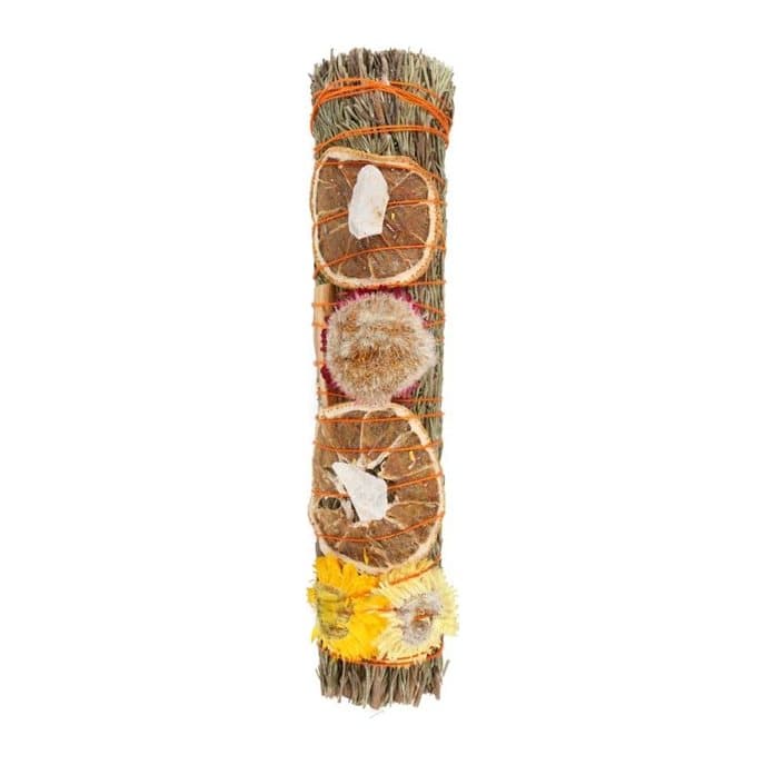 Ritual wand smudge stick with rosemary, palo santo and a raw quartz crystal