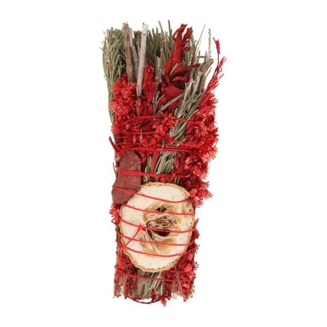 Ritual wand smudge stick with rosemary, white sage and red jasper crystal