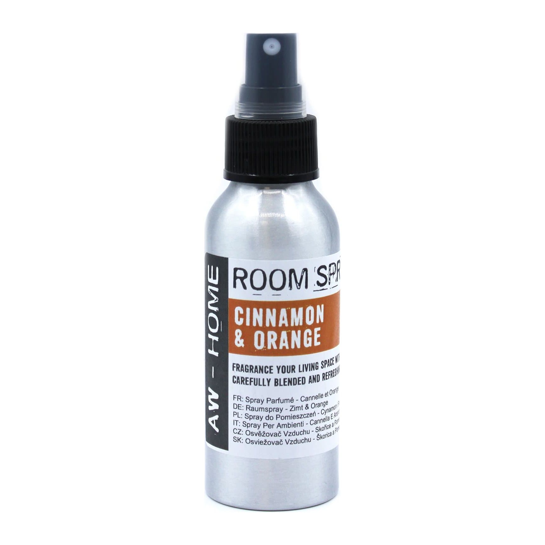 Two 100 ml cinnamon and orange room spray bottles in aluminium