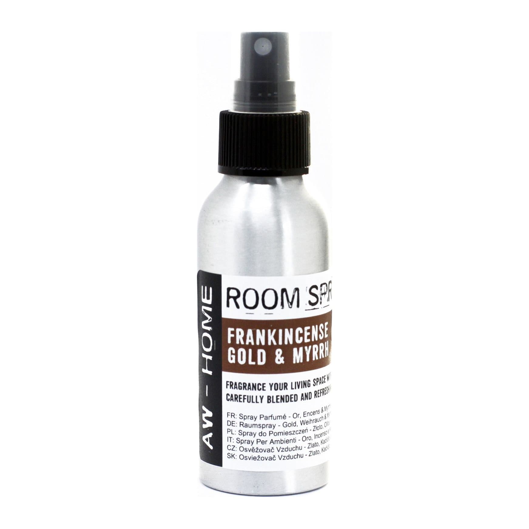 Two 100 ml aluminium room spray bottles, Gold, Frankincense & Myrrh