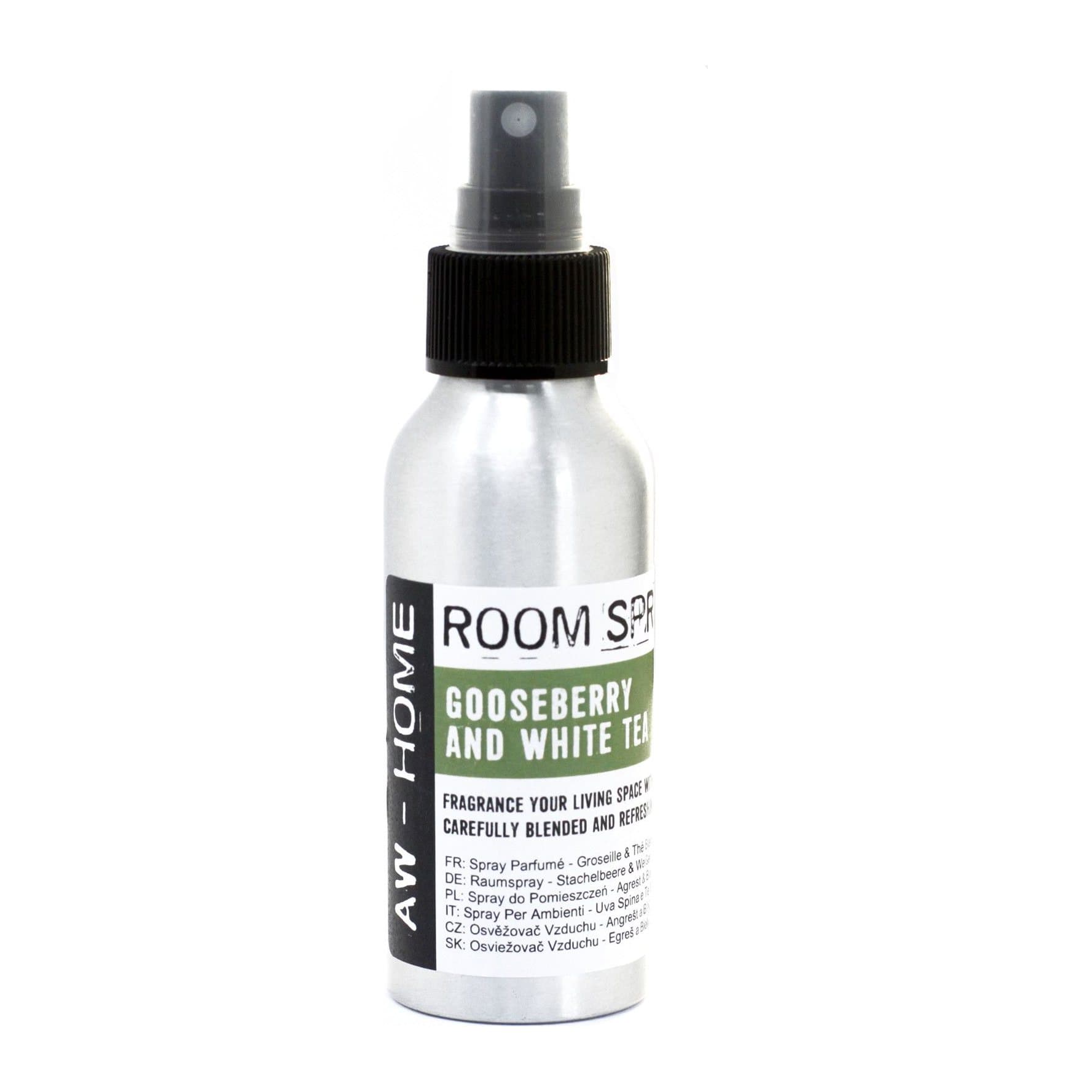 Pack of 2 aluminium room spray bottles, gooseberry and white tea, 100 ml each