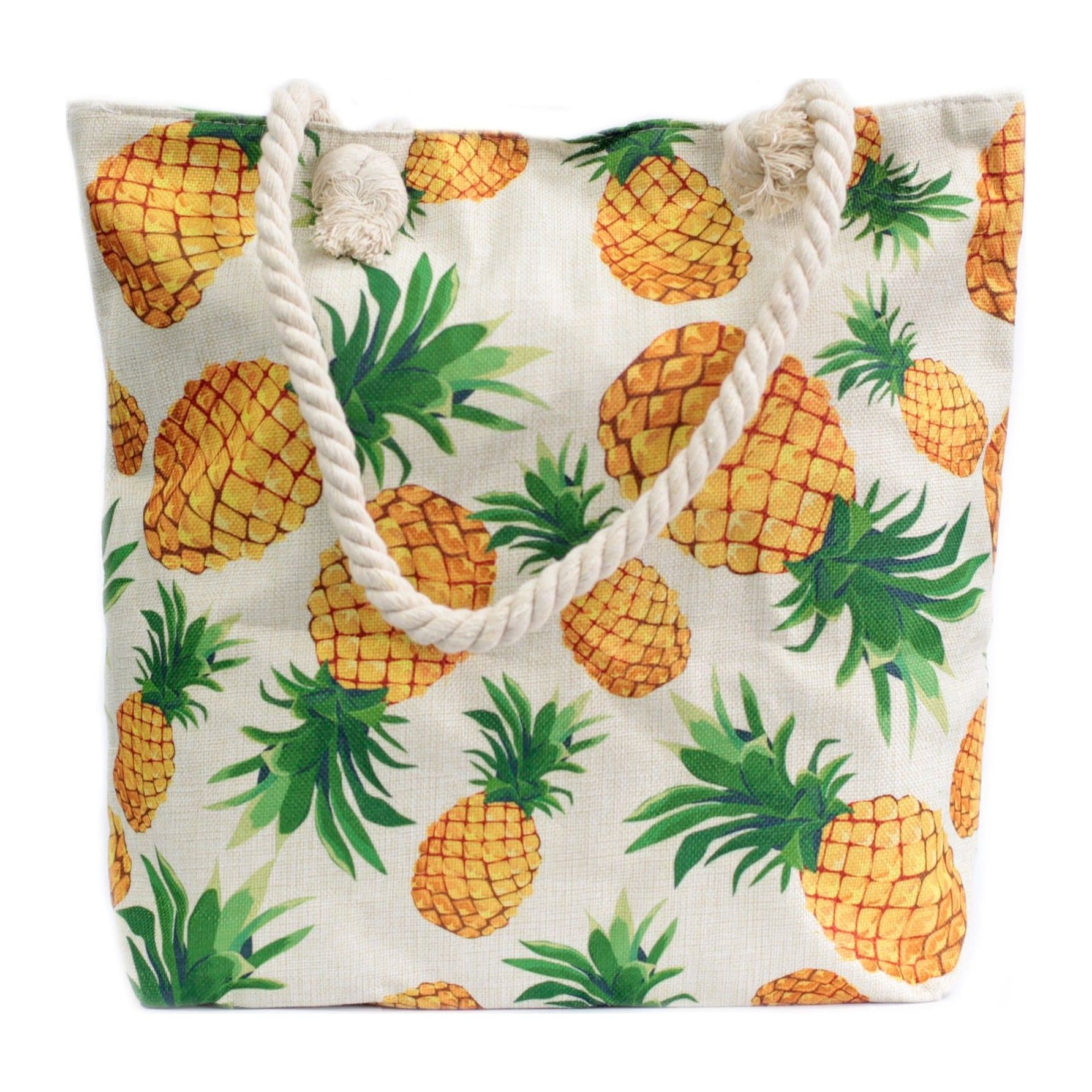 Beige canvas tote bag with a pineapples design and rope handles