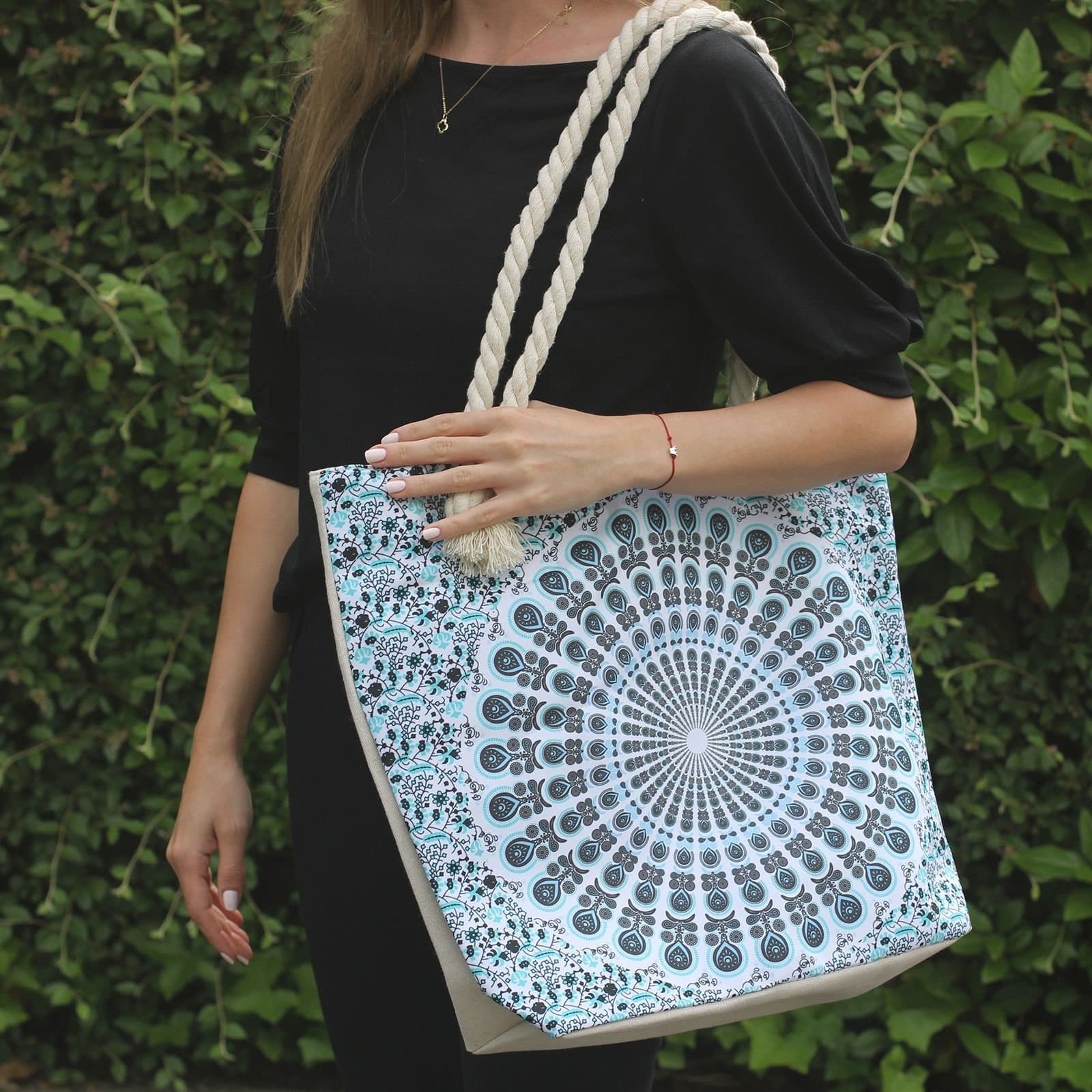 Electric Blue rope handle mandala bag with a charming pattern