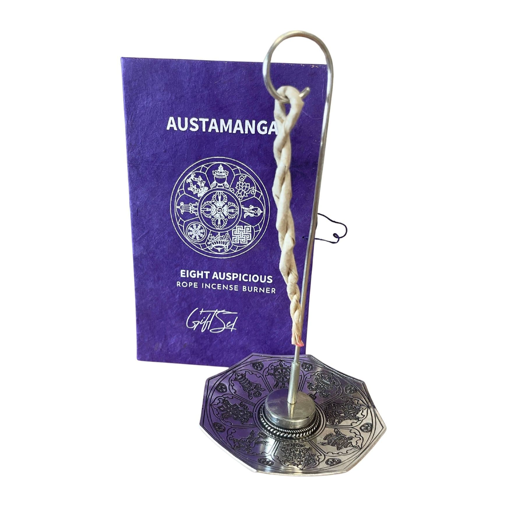 Rope incense set with a silver-plated holder carrying Astamangal symbols