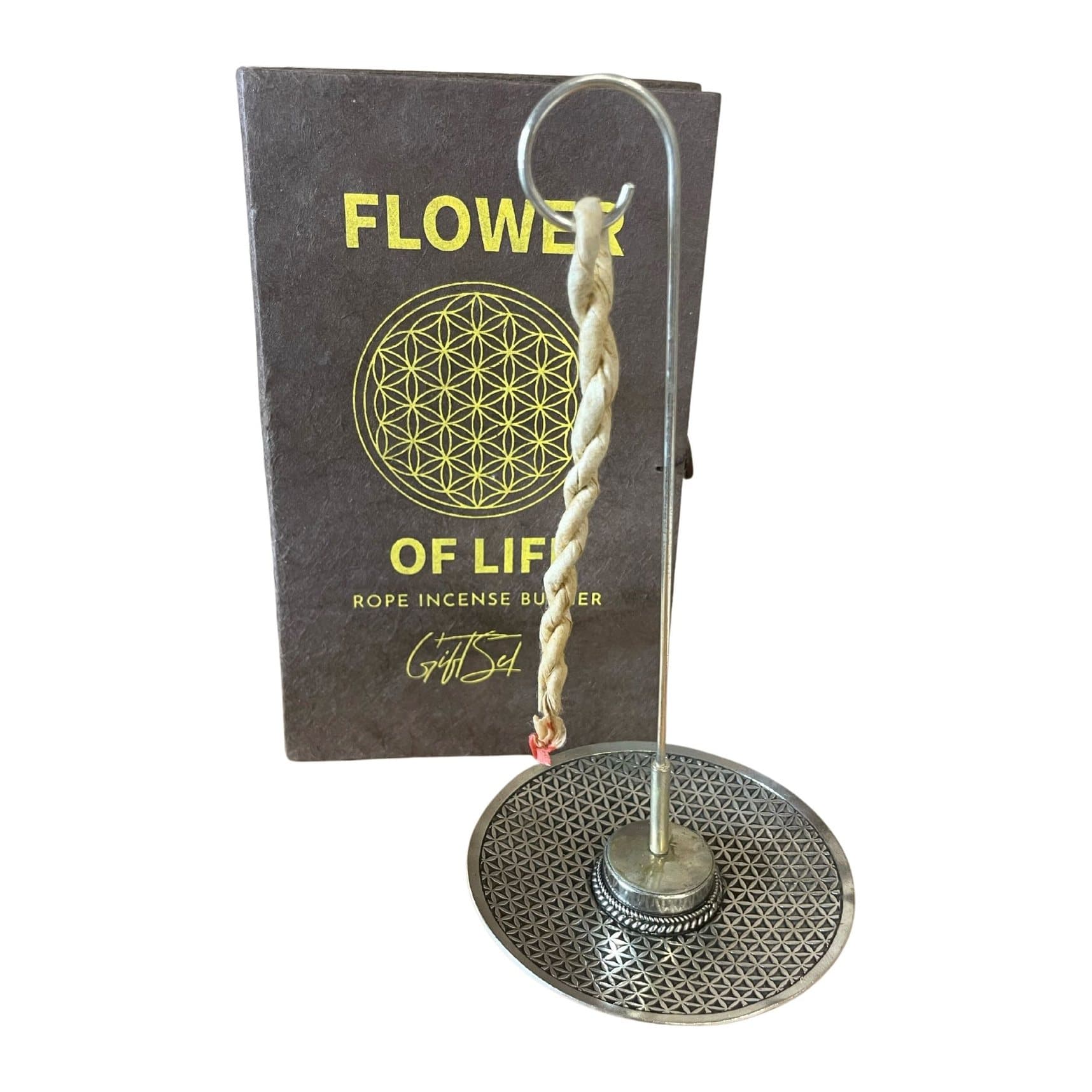 Rope incense set with a silver-plated holder showing the Flower of Life