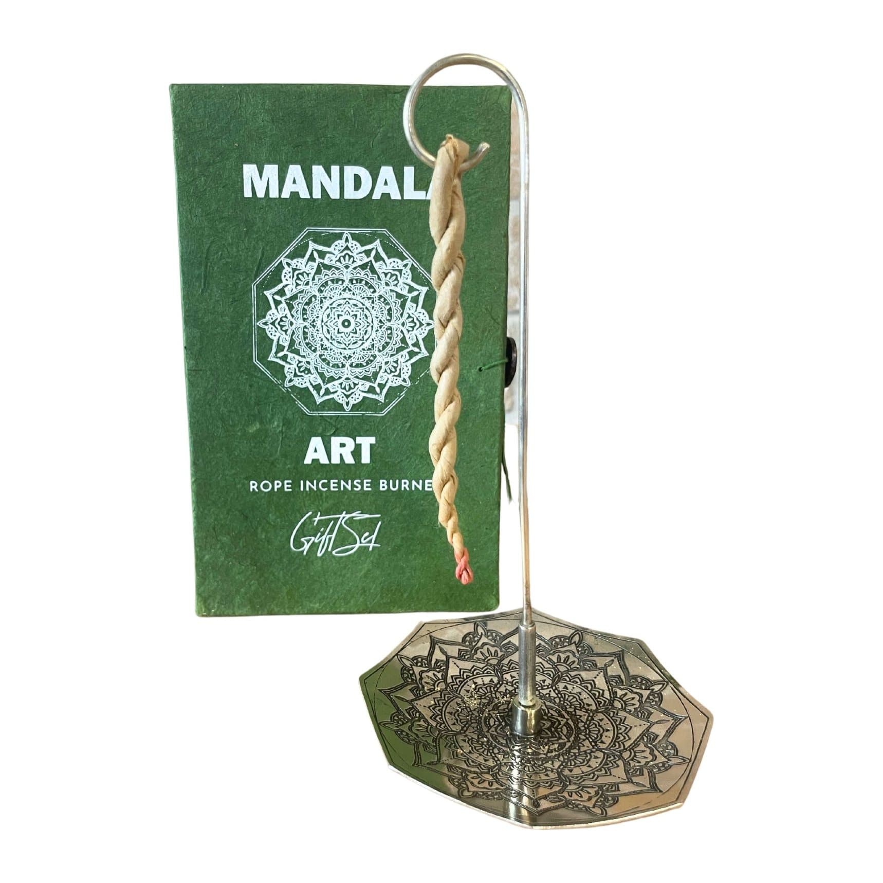 Rope incense set with a silver-plated holder showing a Mandala Flower