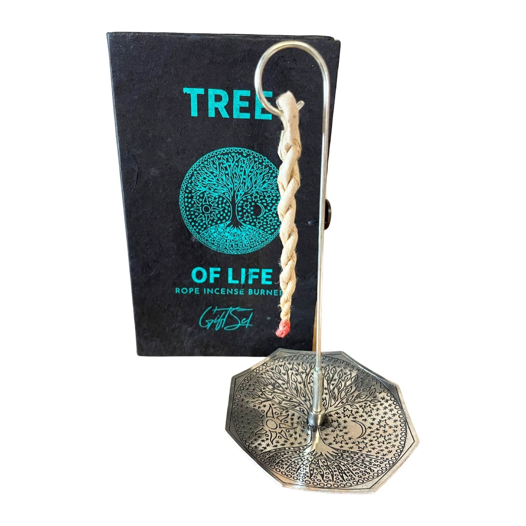 Rope incense set with a silver-plated holder showing the Tree of Life design