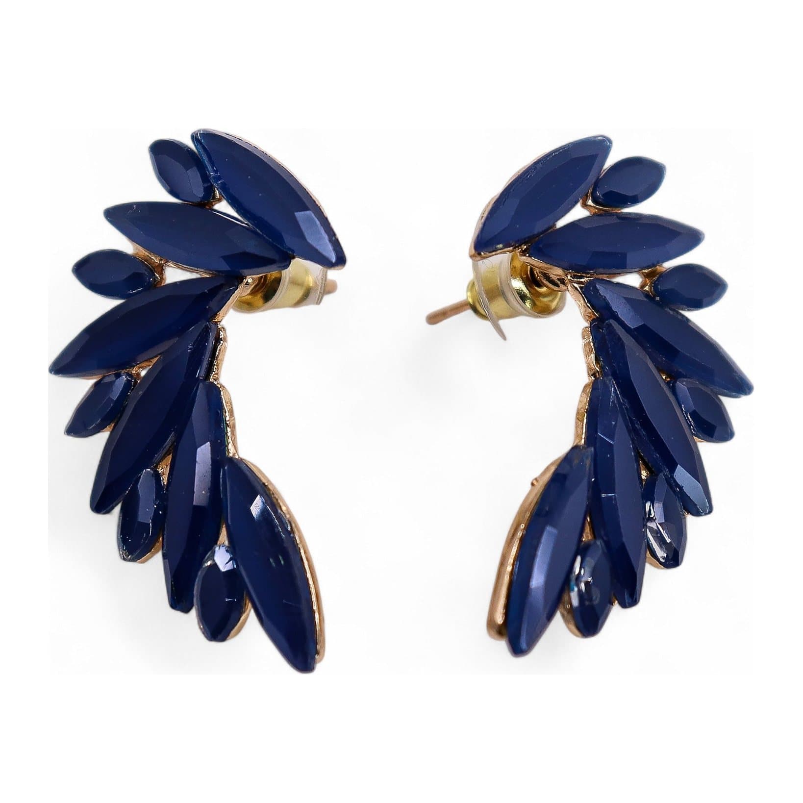 Royal blue glass drop earrings in a wing-shaped stainless steel frame